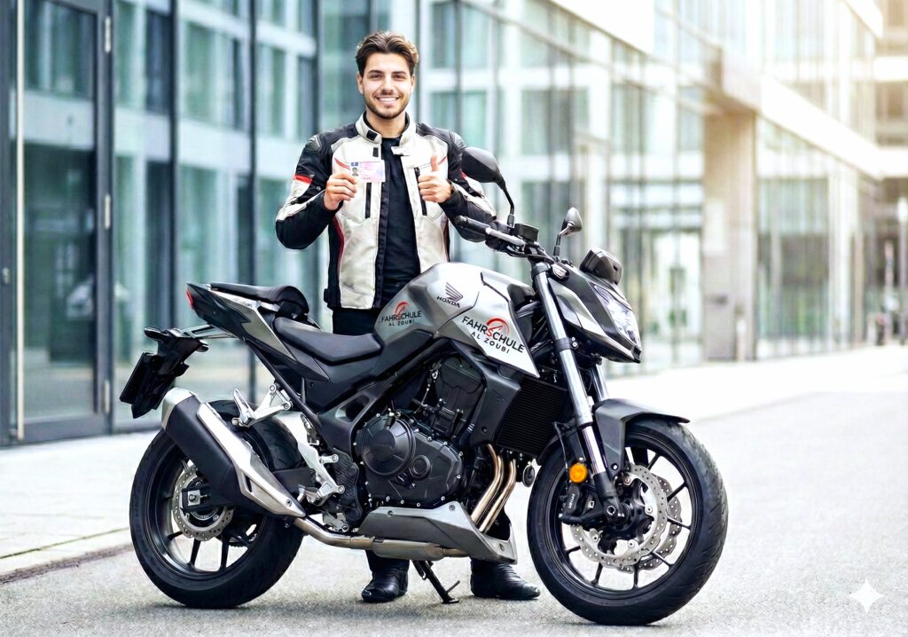 Ein Fahrschüler der beide daumen nach oben zeigt vor einem Motorrad